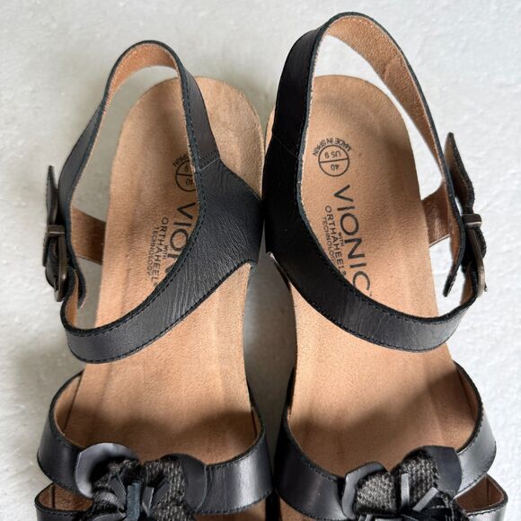 Vionic Marina Wedge Sandal Women Vionic Woman\'s Black Leather Wedge Heel Sandals Size 9 Made in Spain